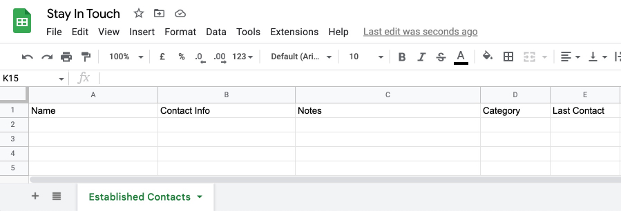 Rename the default sheet to 'Established Contacts'