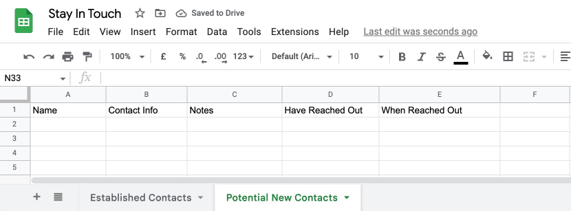 Create a new sheet named 'Potential New Contacts'