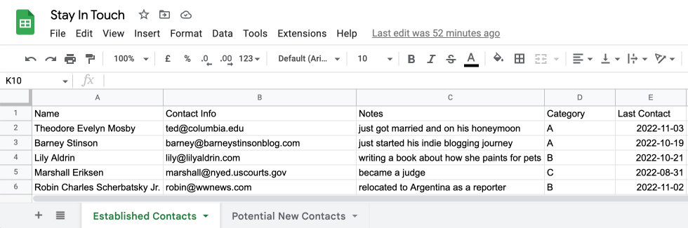 Established Contacts sheet screenshot